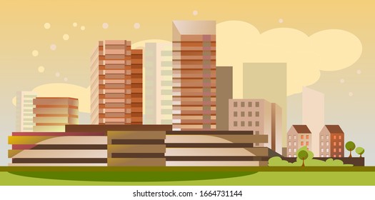 Wonderful morning in a bright, cozy city. A modern business metropolis with residential areas, hotels and offices. Vector illustration.