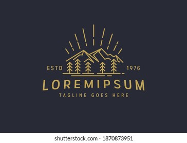 Wonderful mountain logo design. Vector illustration of mountain forest landscape view. Vintage logo design with line art icon style.