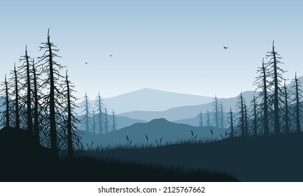 Wonderful Mountain view with aesthetic dry fir tree silhouette of the village on blue sky