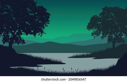 Wonderful mountain view at night from the lakeside with the silhouettes of large, aesthetic trees. Vector illustration of a city