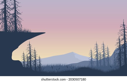 Wonderful mountains view with fantastic dry tree silhouettes from the edge of the city at sunrise. Vector illustration of a city