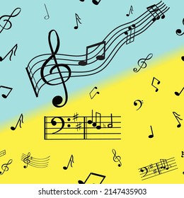 Un maravilloso patrón musical de notas. Hay que destacar el violín y las llaves de bajo. El fondo es azul y amarillo.