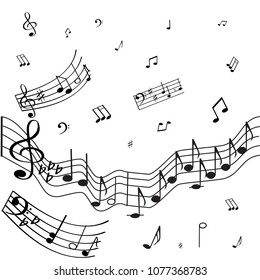 A wonderful musical pattern on a white background.Notes, a violin, a bass key are made in a black color. You can use for fabric, wallpaper, posters.