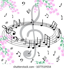 Wonderful musical pattern on a white background with pink flowers. The notes, the violin and bass key are made in black, gray color. Can be used for fabric, wallpapers, posters.