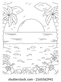 Wonderful Natural Landscape With Beach. Coloring Book Page For Kids. Cartoon Style. Vector Illustration Isolated On White Background.