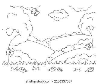 Wonderful natural landscape. Coloring book page for kids. Cartoon style. Vector illustration isolated on white background.