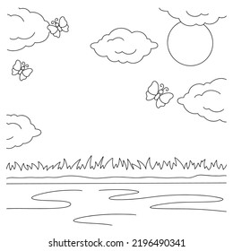 Wonderful natural landscape. Coloring book page for kids. Cartoon style. Vector illustration isolated on white background.