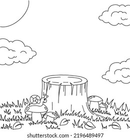 Wonderful natural landscape in a forest glade. Coloring book page for kids. Cartoon style. Vector illustration isolated on white background.