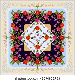 Wonderful natural ornament in ethnic style. Trees with red and pink flowers and purple buds stretch tops towards each other. Underground waters and tree roots are woven into beautiful openwork frame.