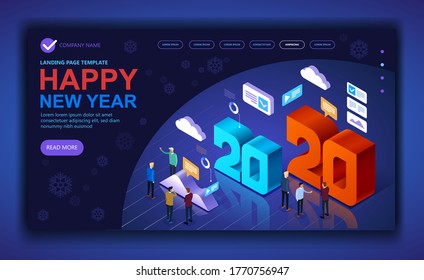 Wonderful New Year 2020, business people celebrate new year near the laptop, Vector modern minimalist Happy new year, Vector illustration