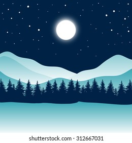 A wonderful night in the blue mountains. Mountains, coniferous forest,sky, moon, stars. Abstract vector background.