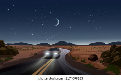 Maravillosa noche en el desierto con carreteras, luna y estrellas