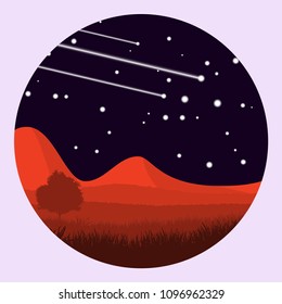 a wonderful night landscape of another planet with flying comets and a companion in the starry sky