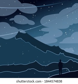 Wonderful night landscape. Square poster for social media, web design. Cartoon aesthetic hand drawn illustration. Abstract minimalist background with stars, mountains, human silhouette.