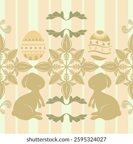 Wonderful Opulence Happy Easter Bunnies in Holy Gold Shades with Pastel Green Mint Stripe Background Victorian Design Pattern Vector. Rabbit and Geometric Paint Eggs for Decoration Wallpaper Textiles