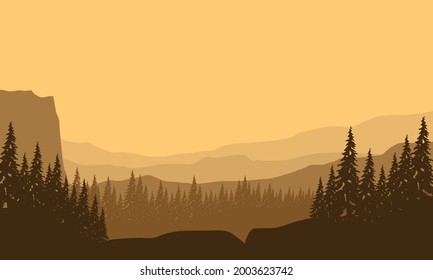 Wonderful Panorama of the mountains and aesthetic silhouettes of pine trees in the afternoon from the edge of the city. Vector illustration of a city
