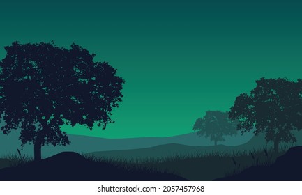 Wonderful panorama of the mountains with silhouettes of trees at dusk from the edge of the city. Vector illustration of a city