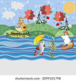 Wonderful pattern for baby fabric, wallpaper, bedding with a summer landscape, a dancing dragon, pike, funny fish, ship, fairy castles, red flowers, ocean, green hills, sky with sun and cloud
