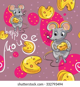 Wonderful pattern with little mouse and a piece of cheese. Bright comics for children, burgundy background