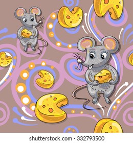 Wonderful pattern with little mouse and a piece of cheese. Bright comics for children, ornate background