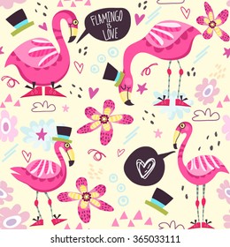 Wonderful pattern of pink flamingo and flowers.