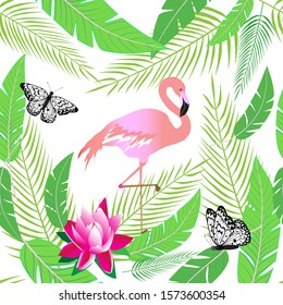 Wonderful pattern of pink flamingos, butterflies  among tropical leaves on a white background. This pattern can be used for fabrics, for t-shirts, wallpapers.
