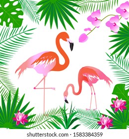 Wonderful pattern of pink flamingos and  tropical plants on a  white background. This pattern can be used for fabrics, t-shirts.