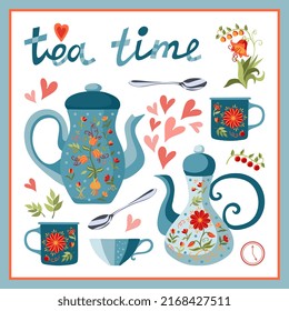 Wonderful pattern with a teapot, a jug, a cup, mugs, spoons, hearts, leaves, flowers and the inscription "Tea time" on a white background. Print for napkin, card.