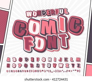 Wonderful pink high detail comic font and comic book page. Alphabet in style of comics, pop art. Multilayer funny letters and figures for illustrations, websites, posters, comics, banners
