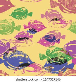 wonderful pop-art style vector graphic seamless pattern with stylized color fish with dots. great for wallpaper, textile, fabric, packaging paper, Bandanna, wrapping diary cover and other prints