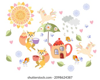 Wonderful print for baby carpet, pillow, blanket, postcard, towels. Cute squirrels with cups, cartoon unicorns, funny birds, teapot that looks like house, beautiful sun, clouds and flowers.