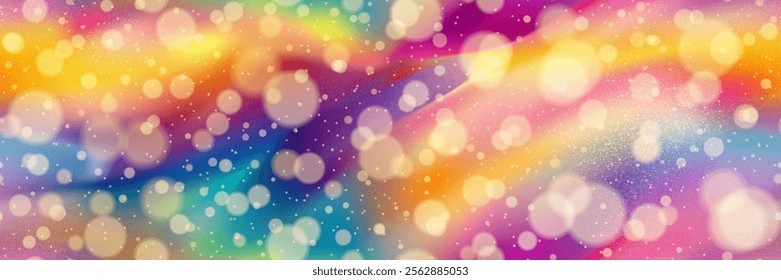 Wonderful rainbow gradation bg with bokeh and sparkling overlay effects as seamless pattern. Abstract background in red, yellow, and blue colors with gradient mesh and noise texture. Bright wallpaper