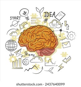 Wonderful realistic design image of brain consists of cerebral cortex, neurons. Concept of creative idea, creativity. Light bulb and globe, startup sketch around. Vector illustration