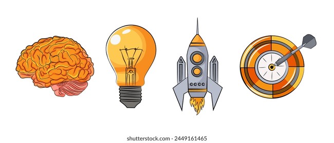 Wonderful realistic design image of brain, light bulb, rocket launch, dartboard set. Concept of creative idea, creativity, startup, knowledge power. Isolated on white background. Vector illustration