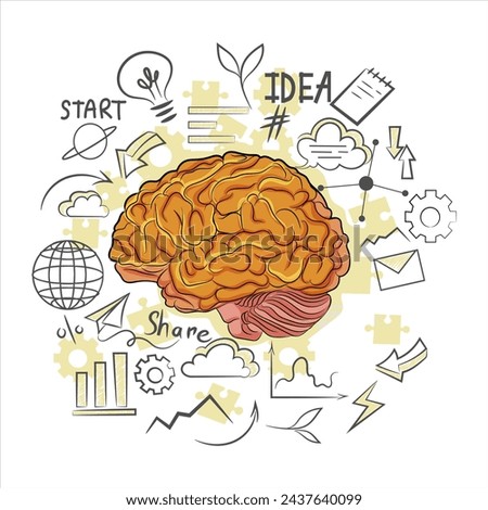 Wonderful realistic design image of brain consists of cerebral cortex, neurons. Concept of creative idea, creativity. Light bulb and globe, startup sketch around. Vector illustration