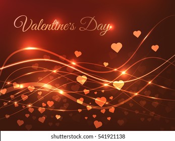 Wonderful red background for Valentine's day. Bright glowing waves, ribbons and cute hearts