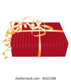 Wonderful red gift with golden roll ribbon bow. Vector illustration.