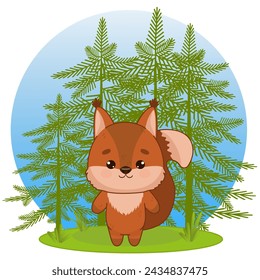 A wonderful red squirrel stands in a spruce forest. Squirrel in kawaii style. Kawaii style. Vector illustration of drawings, prints and patterns. Isolated illustration for children on a white