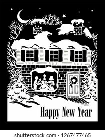 wonderful retro vintage vector graphic New year card with old house, trees, moon, stars,  Christmas trees,  man and woman. Great for new year or Christmas party poster or greeting 