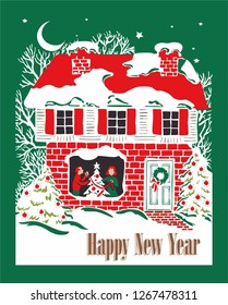 wonderful retro vintage vector graphic New year card with old house, trees, moon, stars,  Christmas trees,  man and woman. Great for new year or Christmas party poster or greeting 
