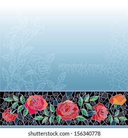 wonderful roses in stained-glass window glass on a grey background