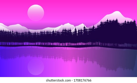 A wonderful scenario of full moon amidst snowy mountains and forests with river alongside.