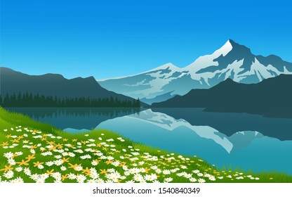wonderful scene with snow-capped mountain and lake