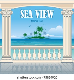 Wonderful sea view between roman columns. Vector background.