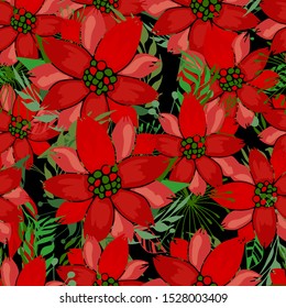 Wonderful seamless background with poinsettiaflowers. Cristmas vector pattern