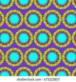 Wonderful seamless pattern with abstract flowers. Items are located geometrically. Background is violet.
