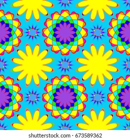 Wonderful seamless pattern with abstract flowers. Items are located geometrically. Background is azure.