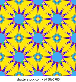 Wonderful seamless pattern with abstract flowers. Items are located geometrically. Background is yellow.