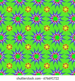 Wonderful seamless pattern with abstract flowers. Items are located geometrically. Background is green