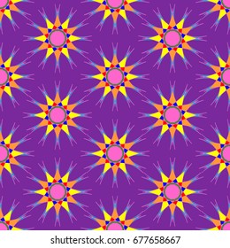 Wonderful seamless pattern with abstract flowers. Items are located geometrically. Background is purple